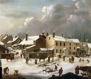 Winterszene in Brooklyn, Detail einer Straße und des Postamts, ca. 1817-20 (Detail) von Francis Guy