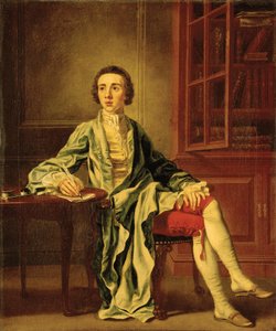 Porträt von Joseph Henry aus Straffan, Co. Kildare, Ganzkörper, an einem Tisch sitzend und einen Brief schreibend, in einem blauen Mantel, gelber Weste und roten Kniehosen, neben einem Bücherregal von Francis Hayman
