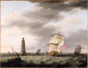 Ein Kriegsschiff passiert den Eddystone-Leuchtturm, ca. 1773