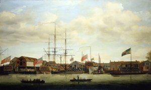 Eine kleine Werft an der Themse, mit zwei im Bau befindlichen Booten
