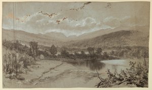 Landschaft mit drei Gebäuden