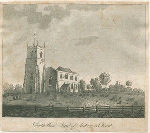 Kirche von Alrewas: Aquatinta-Radierung, undatiert [?18. Jahrhundert] von Francis Jukes