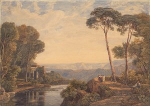 Landschaft mit einem Tempel und Figuren an einem Fluss