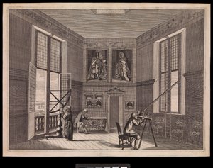 Drei Figuren benutzen astronomische Geräte im Großen Sternzimmer oder dem Oktagonzimmer, wie es heute bekannt ist, im Royal Observatory, ca. 1676 von Francis Place