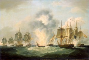 Vier britische Fregatten erobern spanische Schatztransportschiffe, die zur Verstärkung der französischen Kriegsanstrengungen bestimmt waren, 5. Oktober von Francis Sartorius