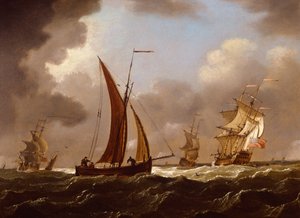 Britische Kriegsschiffe und Fischerboote bei starkem Wind