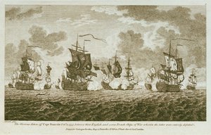 Zwölf Drucke von Seegefechten. Die glorreiche Aktion vor Kap Francois am 21. Oktober 1757, zwischen den Engländern und sieben französischen Kriegsschiffen, bei der letztere vollständig besiegt wurden. von Francis Swaine