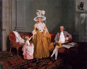 Eine Familiengruppe, der Vater sitzt, die Mutter und Tochter stehen, im Innenraum, 18. Jahrhundert