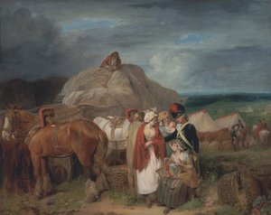 Soldat mit Landfrauen, die Bänder verkaufen, in der Nähe eines Militärlagers
