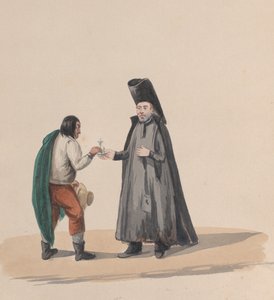 Ein Kanon überreicht einem Mann ein Kruzifix, aus einer Gruppe von Zeichnungen, die peruanische Trachten darstellen, 1848