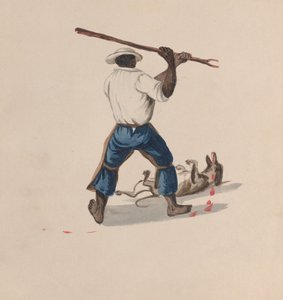 Ein Mann von hinten gesehen, der einen Hund mit einem Stock schlägt, ca. 1848