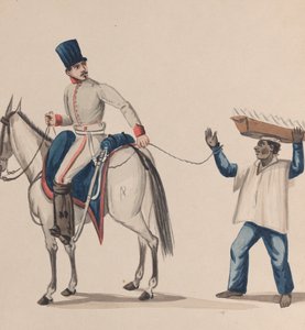 Ein Soldat zu Pferd hält ein Seil, das einen indigenen Sklaven sichert, der einen Teller balanciert