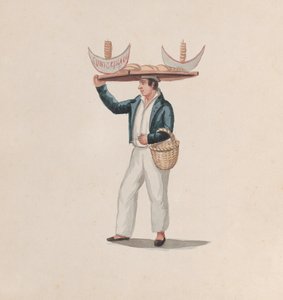 Ein Tortillaverkäufer, der ein Tablett auf dem Kopf balanciert, aus einer Gruppe von Zeichnungen, die Peruaner darstellen