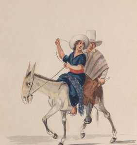 Ein indischer Mann und eine Frau reiten auf einem Esel, aus einer Gruppe von Zeichnungen, die Peruaner darstellen..., ca. 1848