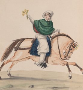 Elegant gekleidete Frau zu Pferd, aus einer Gruppe von Zeichnungen, die Peruaner darstellen, ca. 1848