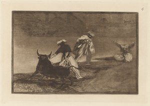 Capeau otro encerrado (Sie spielen einen anderen mit dem Umhang im Gehege), Platte 4 aus La tauromaquia von Francisco de Goya