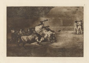 Pferd von einem Stier geworfen, Platte B aus La tauromaquia (dritte Ausgabe) von Francisco de Goya