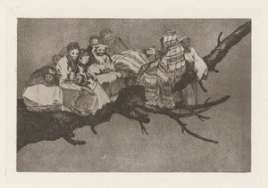 Lächerlicher Unsinn, auch bekannt als In den Zweigen gehen, aus der Serie Los disparates (Los proverbios) von Francisco de Goya