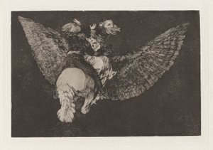 Fliegende Torheit, auch bekannt als Verleugne den Freund, der dich mit seinen Flügeln bedeckt und mit seinem Schnabel beißt, aus der Serie Los disparates (Los proverbios) von Francisco de Goya