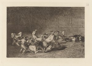 Dos grupos de picadores arrolados de seguida por un solo toro (Zwei Teams von Picadores nacheinander von einem einzigen Stier geworfen), Platte 32 aus La tauromaquia von Francisco de Goya