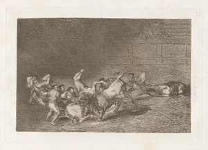 Zwei Teams von Picadors, die nacheinander von einem einzigen Stier geworfen werden, Platte 32 aus La tauromaquia von Francisco de Goya