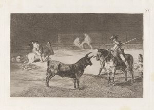 Der berühmte Picador Fernando del Toro zieht das wilde Tier mit seiner Pike an, Platte 27 aus La tauromaquia