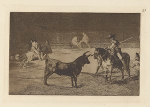 Der berühmte Picador, Fernando del Toro, zieht das wilde Tier mit seiner Lanze an, Tafel 27 aus La tauromaquia