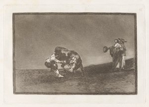 El mismo vuelca un toro en la plaza de Madrid (Der gleiche Mann wirft einen Stier in der Arena von Madrid), Tafel 16 aus La tauromaquia von Francisco de Goya
