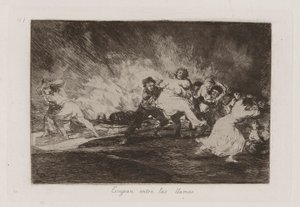 Escapan entre las llamas (Sie entkommen durch die Flammen), Platte 41 aus Los desastres de la guerra (Die Schrecken des Krieges) von Francisco de Goya