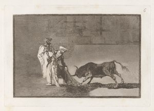 Die Mauren machen ein anderes Spiel im Ring und rufen den Stier mit ihrem Burnous (La tauromaquia) von Francisco de Goya