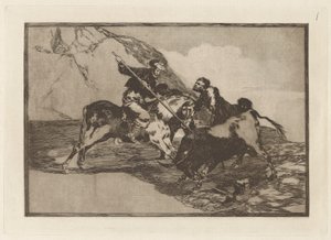 Die Art und Weise, wie die alten Spanier Stiere zu Pferd auf dem offenen Land jagten, Platte 1 aus La tauromaquia von Francisco de Goya