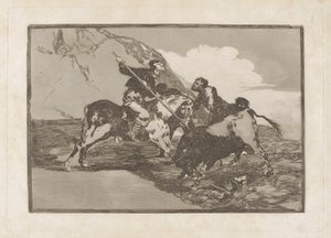 Die Art und Weise, wie die alten Spanier Stiere zu Pferd auf freiem Feld jagten, Platte 1 aus La tauromaquia von Francisco de Goya
