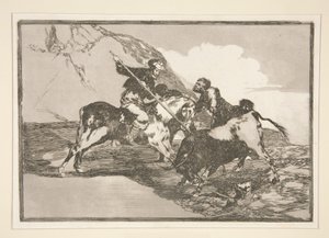 Die Art und Weise, wie die alten Spanier Stiere zu Pferd auf freiem Feld jagten, pl. 1 aus der Serie La tauromaquia
