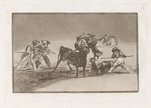 Die Mauren benutzen Esel als Barriere, um sich gegen den Stier zu verteidigen, dessen Hörner mit Kugeln versehen sind, Platte 17 aus La tauromaquia
