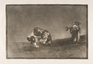 Tafel 16 der Tauromaquia: Derselbe Mann wirft einen Stier in der Arena von Madrid von Francisco de Goya