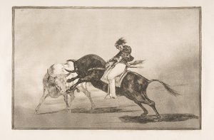 Platte 24 der Tauromaquia: Der gleiche Ceballos, auf einem anderen Stier reitend, bricht kurze Speere