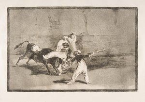 Tafel 8 der Tauromaquia: Ein Maure wird im Ring vom Stier gefangen, 1816 von Francisco de Goya