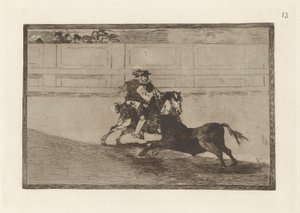 Ein spanischer Ritter im Ring, der kurze Speere ohne die Hilfe von Assistenten bricht, Platte 13 aus La tauromaquia