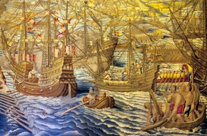 Schiffe und Barkassen (Detail) - Eroberung von Tunis - Tapisserie von Francisco und Cornelius Van der Goten (18. Jahrhundert), gewebt in der königlichen Tapisseriefabrik, Mitte des 18. Jahrhunderts, nach der Tapisserie des 16. Jahrhunderts von Willem de Pa von Francisco Ignacio Vandergoten Canyuwell