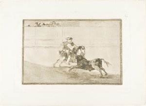 Ein spanischer berittener Ritter im Ring, der kurze Speere ohne Hilfe von Assistenten bricht, Platte 13 aus Die Kunst des Stierkampfs von Francisco Jose de Goya y Lucientes