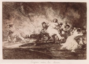 GOYA Y LUCIENTES, Francisco de (1746-1828). Sie fliehen durch die Flammen. 1810-1812. (16,1 x 23,3 cm). Platte 47 aus „Die Schrecken des Krieges“. Radierung. SPANIEN. MADRID (AUTONOME GEMEINSCHAFT). Madrid. Nationalbibliothek von Francisco Jose de Goya y Lucientes