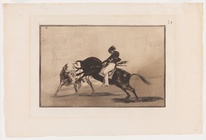 Tafel 24 aus La Tauromaquia: Der gleiche Ceballos auf einem anderen Stier bricht kurze Speere im Ring in Madrid von Francisco Jose de Goya y Lucientes