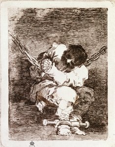 Gefangener in Ketten sitzend - Sicherheit ist so barbarisch wie das Verbrechen (Radierung) von Francisco de Goya