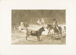Der berühmte Picador, Fernando del Toro, zieht das wilde Tier mit seinem Pique an, Platte 27 aus Die Kunst des Stierkampfs von Francisco Jose de Goya y Lucientes