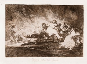 Die Schrecken des Krieges: Sie entkommen durch die Flammen (Radierung nach einer Zeichnung)