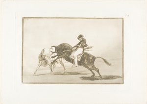 Der gleiche Ceballos, auf einem anderen Stier reitend, bricht kurze Speere im Ring in Madrid, Platte 24 aus Die Kunst des Stierkampfs von Francisco Jose de Goya y Lucientes