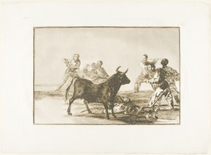 Das Gesindel lähmt den Stier mit Lanzen, Sicheln, Banderillas und anderen Waffen, Platte zwölf aus Die Kunst des Stierkampfs von Francisco Jose de Goya y Lucientes