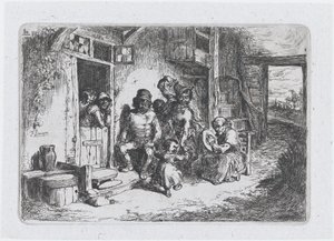 Tafel 10: zwei Figuren tanzen, eine andere sitzt und spielt eine Trommel, aus der Serie von Bräuchen