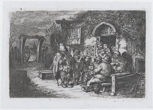 Tafel 18: Straßenmusiker und andere Figuren vor einer Taverne, aus der Serie der Bräuche ..., 1850