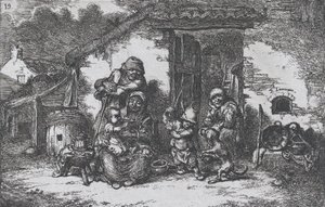 Tafel 19: eine Familie und ein Junge spielen mit einem Hund vor einem Haus, aus der Serie der Bräuche